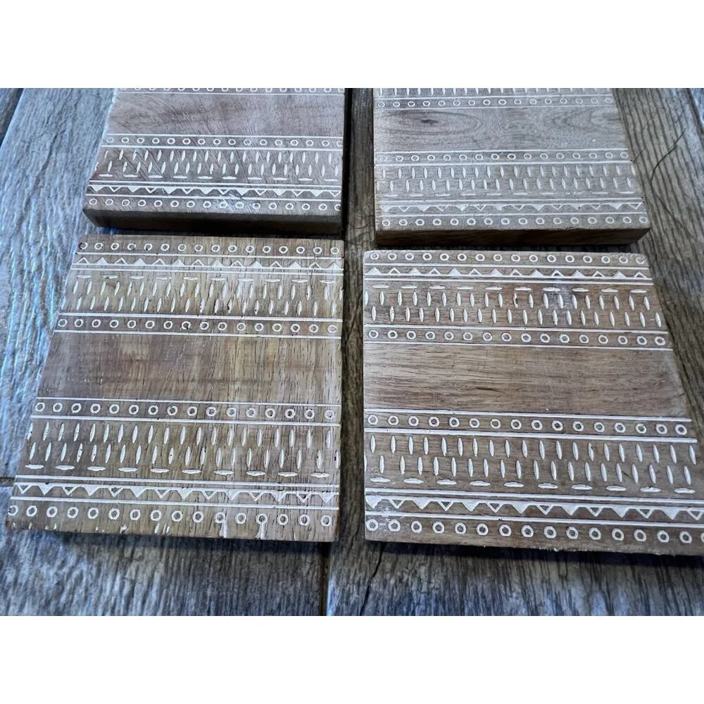 Wood Square Coasters Set Of 4 Etched Aztec‎ Tribal Southwestern Drink Holder 4